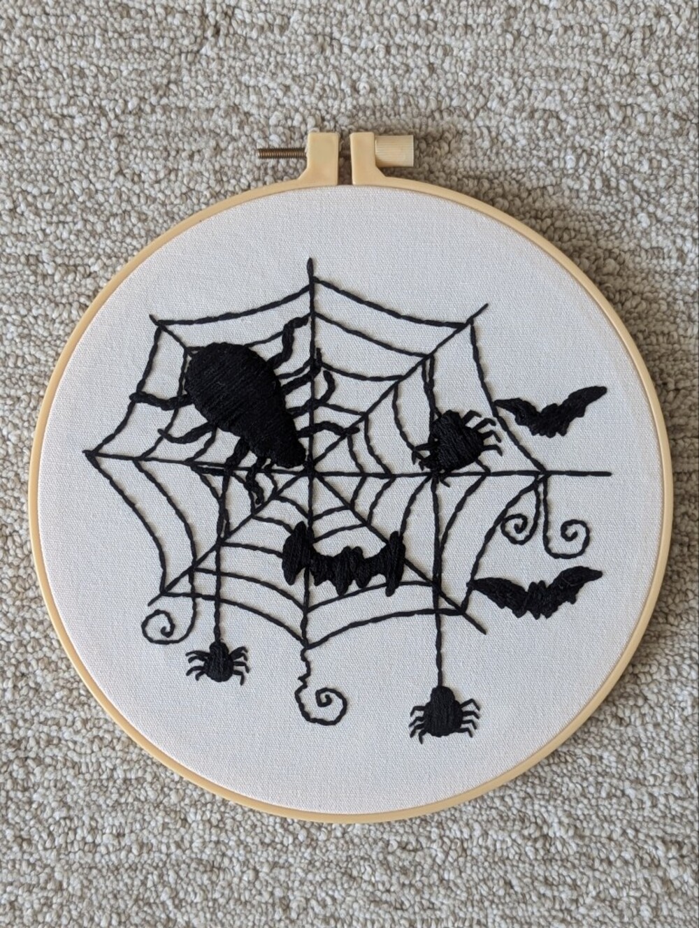 Handmade Halloween Embroidery Hoop Art Spooky Spiderweb Bats Wall Decor
